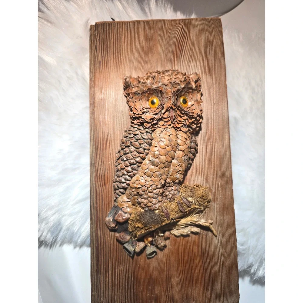 Vintage 1970s‎ Handmade Pine Cone Owl Wood Plaque Rustic MCM Folk Art Wall Decor